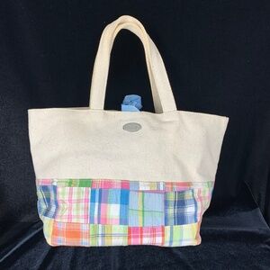Patricia Han Preppy Handbag White Canvas and Madras Patches Medium Shopping Tote